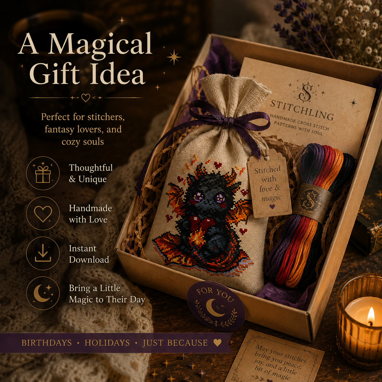 Ember Beastie dragon cross stitch pattern gift idea featuring stitched embroidery, embroidery floss, fantasy craft project and cozy handmade present.