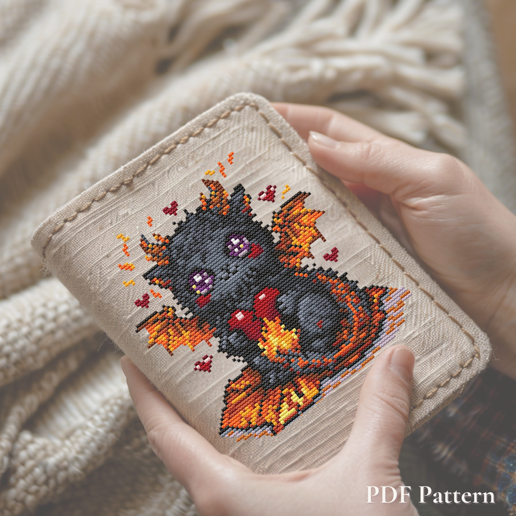 Fantasy dragon cross stitch pattern finished on a handmade notebook cover, cute Ember Beastie embroidery design for journals and gifts.