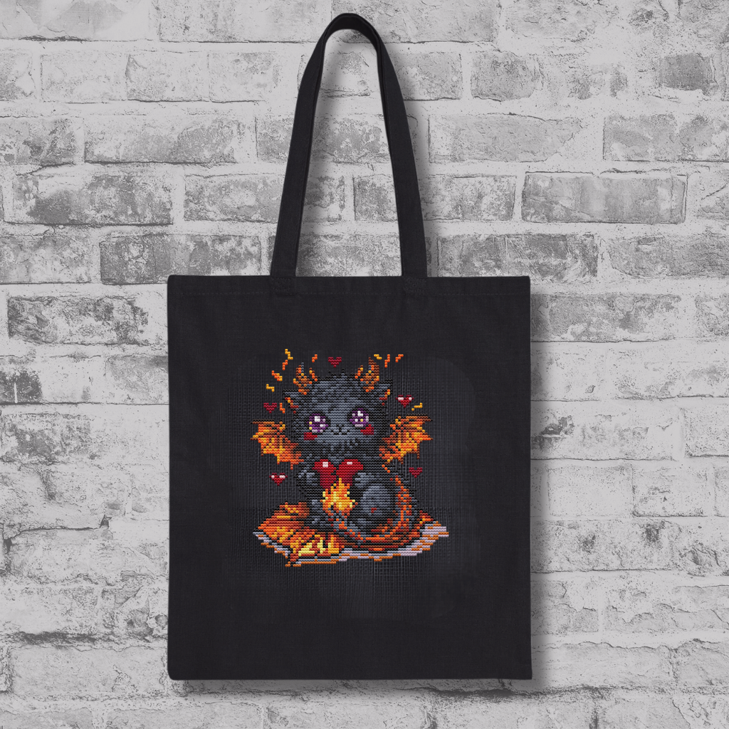 Black tote bag featuring Ember the Heartkeeper Beast dragon cross stitch design, fantasy embroidery project and handmade gift inspiration