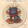 Ember the Heartkeeper Beast cross stitch pattern featuring a cute black dragon holding a glowing heart with fiery wings, fantasy creature embroidery design PDF for beginners and cottagecore stitchers