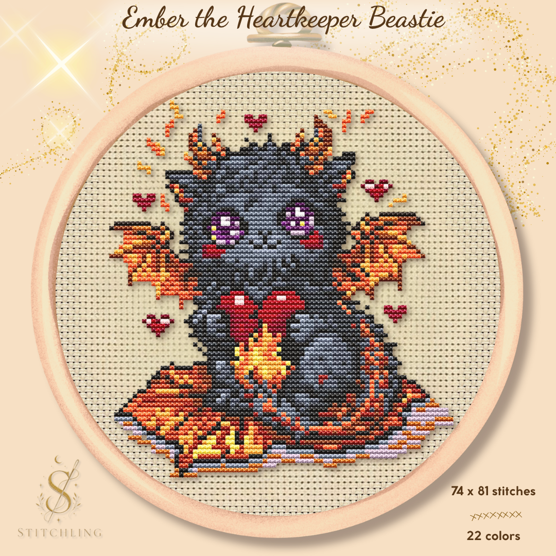 Ember the Heartkeeper Beast cross stitch pattern featuring a cute black dragon holding a glowing heart with fiery wings, fantasy creature embroidery design PDF for beginners and cottagecore stitchers