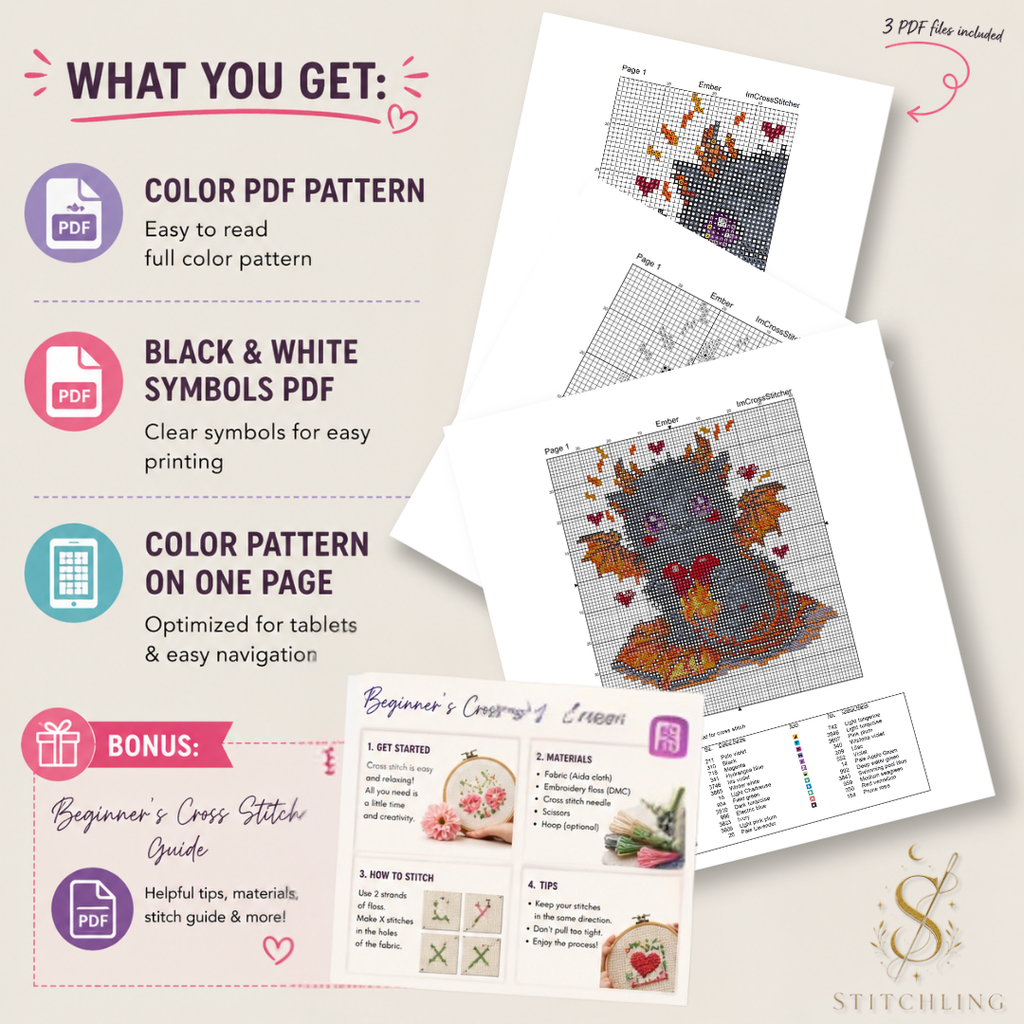 Ember the Heartkeeper Beast cross stitch PDF pattern bundle including color chart, black and white symbols, stitching guide, bonus gifts and instant digital download files