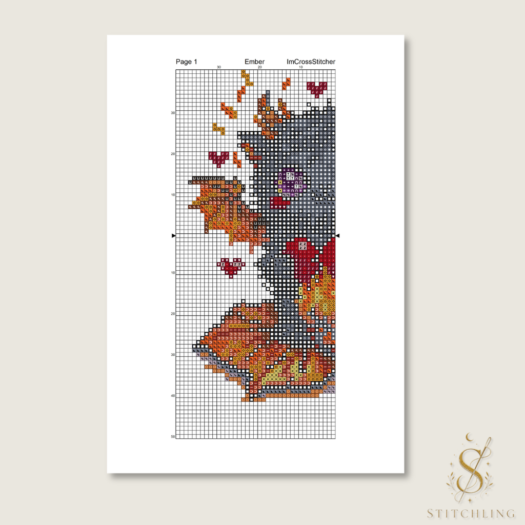 Ember the Heartkeeper Beast Pattern Keeper compatible cross stitch chart with easy to read symbols and digital embroidery pattern layout