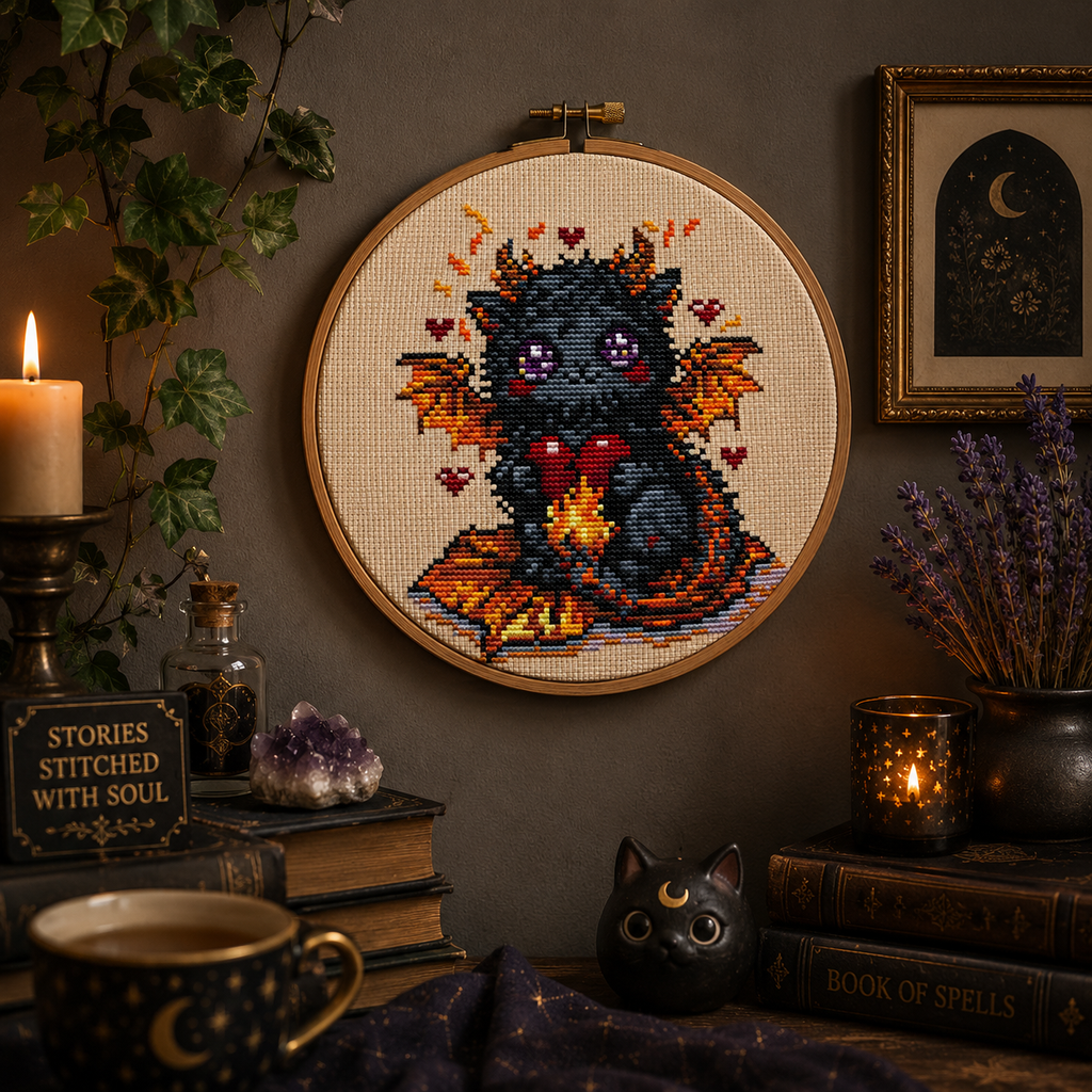 Ember the Heartkeeper Beast framed cross stitch wall art displayed in a cozy fantasy inspired interior with candles and warm lighting
