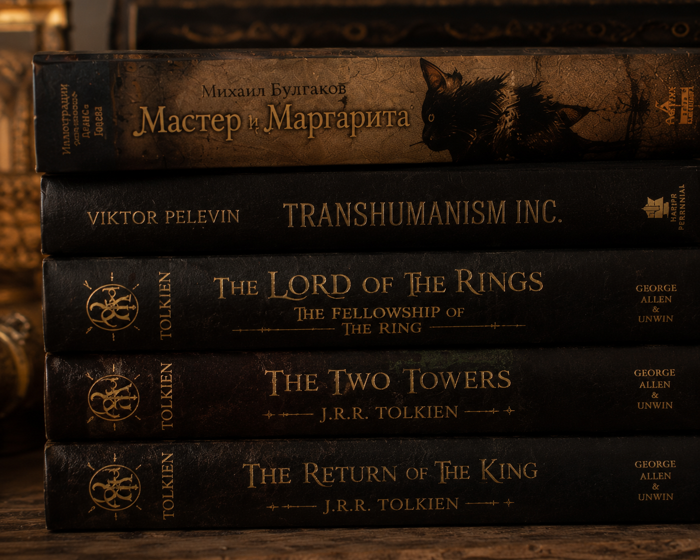 Fantasy book collection featuring The Lord of the Rings, The Master and Margarita and other imaginative literature, showcasing storytelling inspiration behind the Beasties cross stitch universe and magical character creation