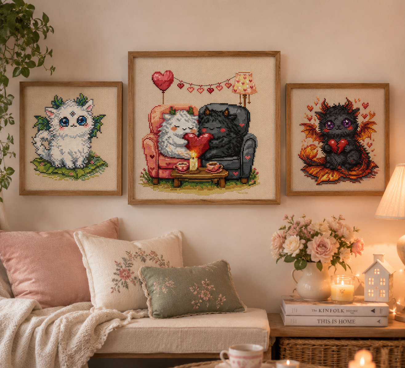 Fantasy Beasties cross stitch gallery wall featuring romantic Love Duo embroidery displayed in a cozy bedroom decor arrangement