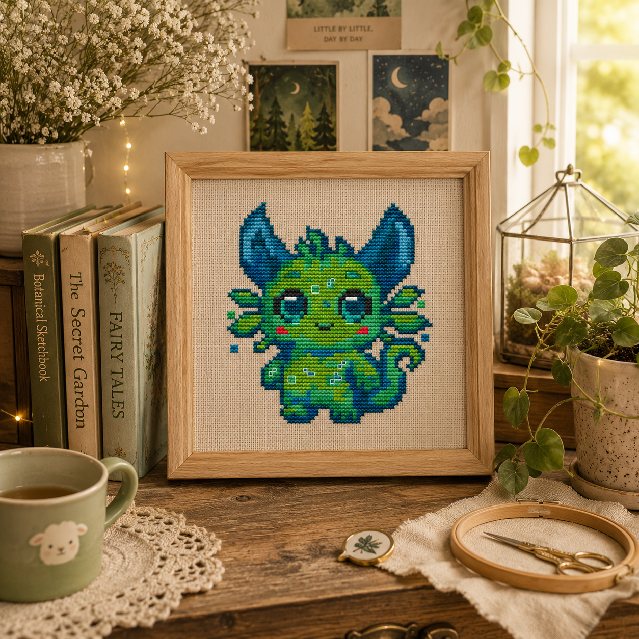 Lumi the Glowing Beast cross stitch artwork displayed in a cozy cottagecore interior, fantasy embroidery wall decor