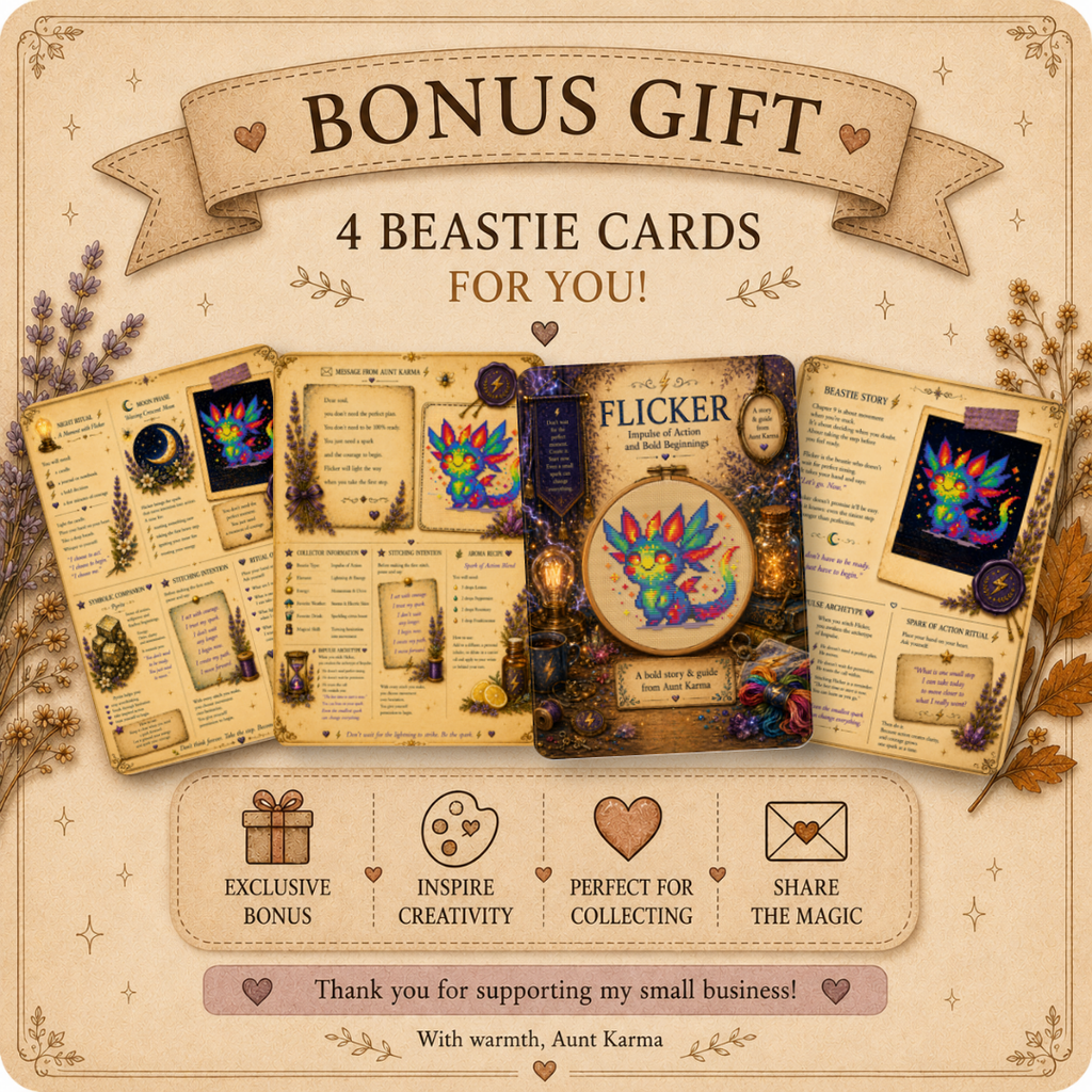 Bonus printable Beastie story cards included with Flicker cross stitch pattern featuring magical stories, affirmations, rituals and collectible character cards.
