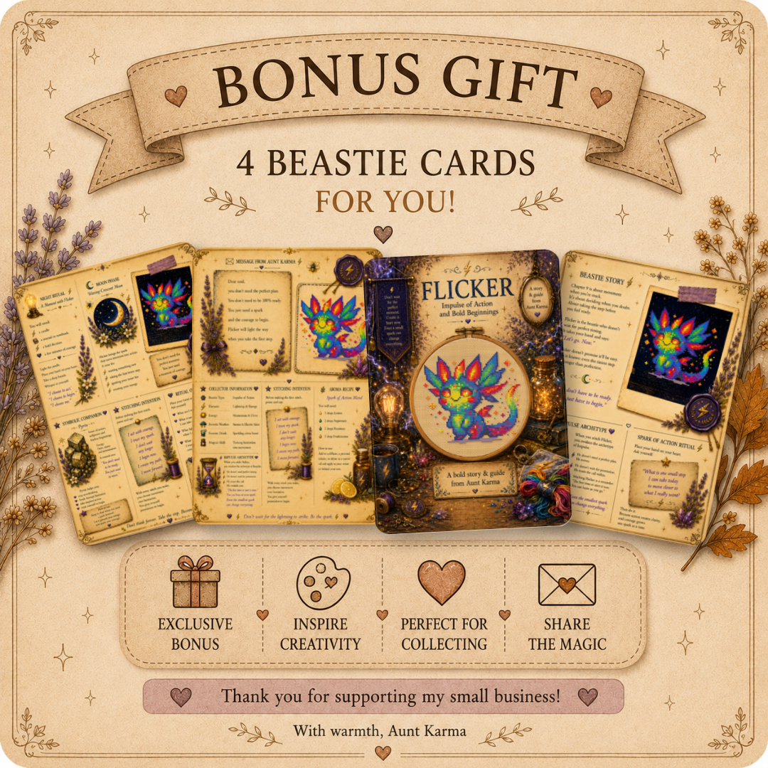 Bonus printable Beastie story cards included with Flicker cross stitch pattern featuring magical stories, affirmations, rituals and collectible character cards.