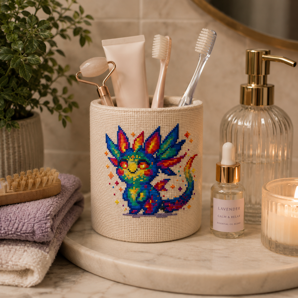 Flicker Beastie cross stitch pattern stitched on a fabric bathroom organizer, colorful fantasy embroidery project and home decor idea.