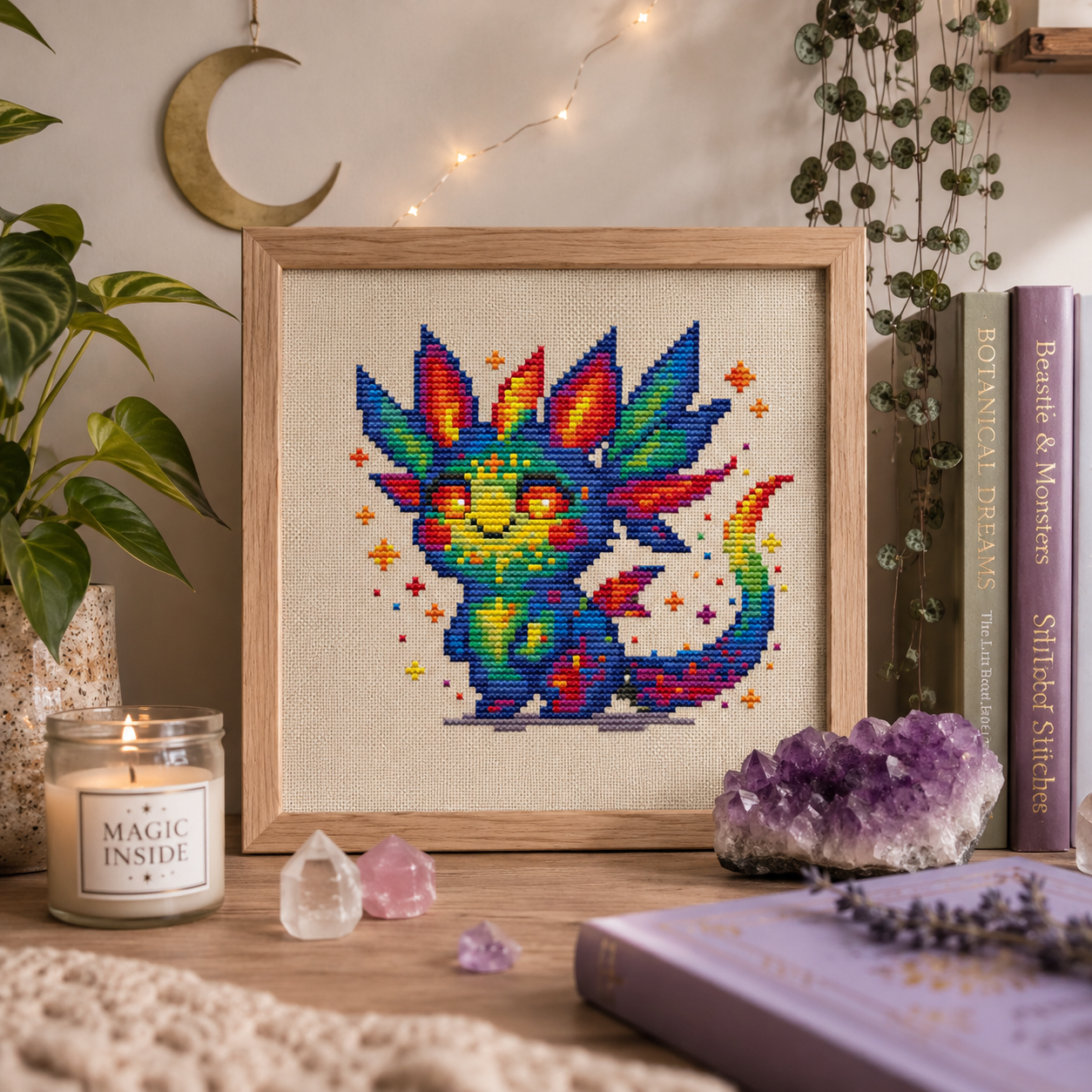 Flicker Beastie cross stitch pattern displayed in a frame as fantasy wall art, colorful magical creature embroidery for cozy home decor.