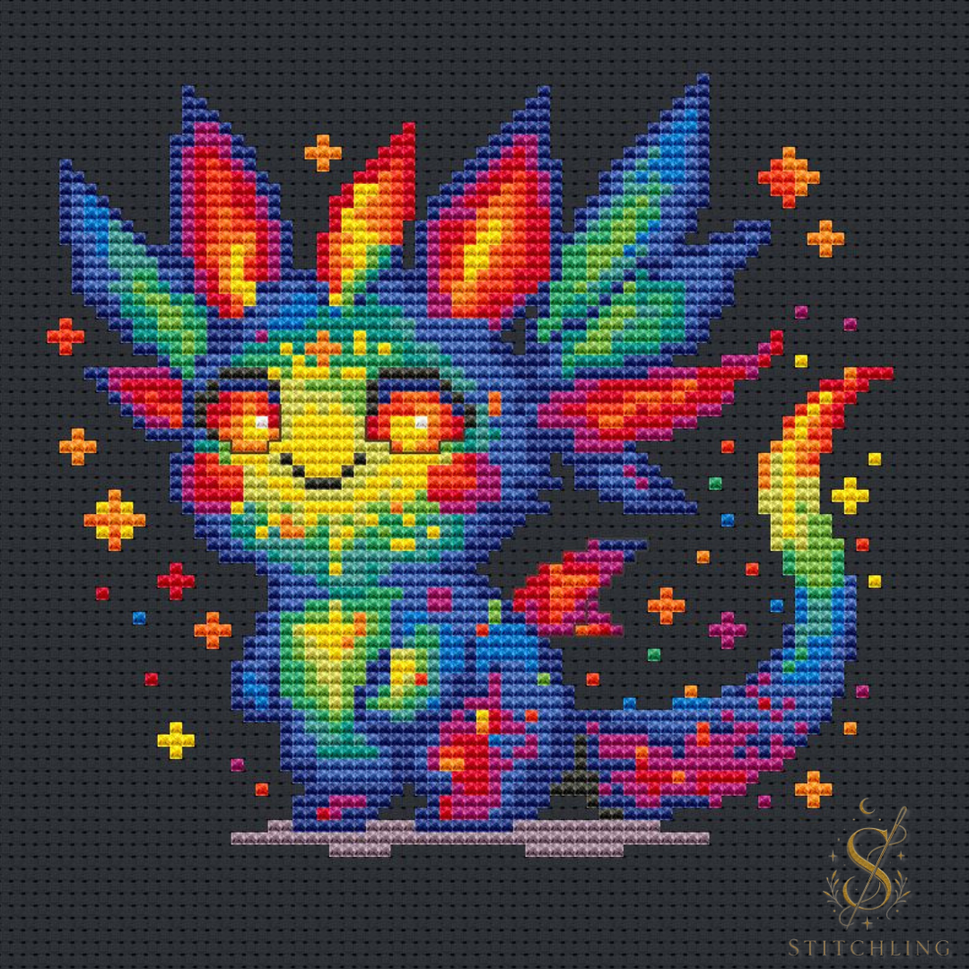 Rainbow dragon cross stitch design preview showing Flicker the Fearless Beast on a dark fabric background with vibrant rainbow colors, fantasy embroidery pattern and magical creature artwork