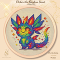 Flicker the Fearless Beast rainbow dragon cross stitch pattern featuring a colorful fantasy creature with vibrant wings, whimsical embroidery design and magical monster artwork
