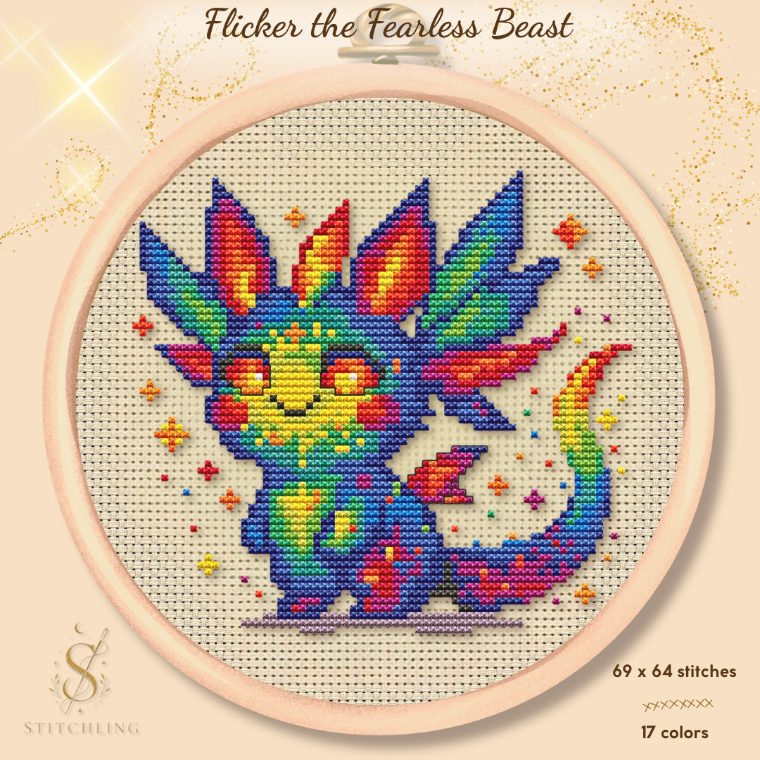 Flicker the Fearless Beast rainbow dragon cross stitch pattern featuring a colorful fantasy creature with vibrant wings, whimsical embroidery design and magical monster artwork