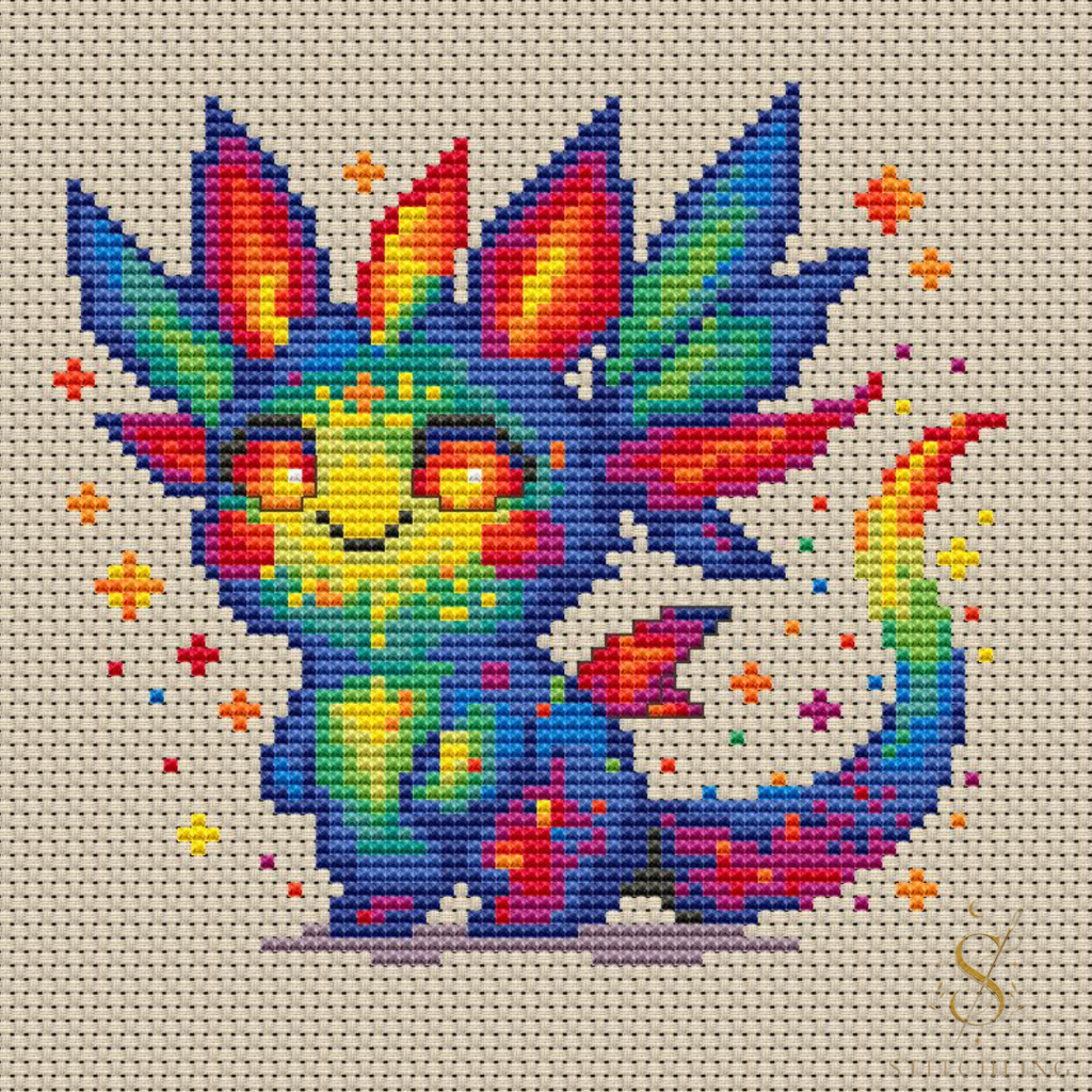 Flicker Beastie cross stitch pattern PDF, colorful fantasy dragon embroidery design with rainbow details and magical sparkles.