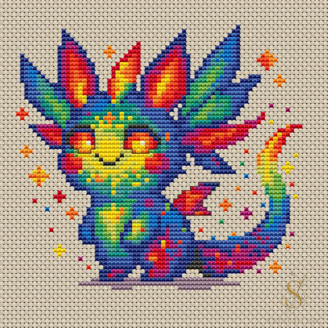 Flicker Beastie cross stitch pattern PDF, colorful fantasy dragon embroidery design with rainbow details and magical sparkles.