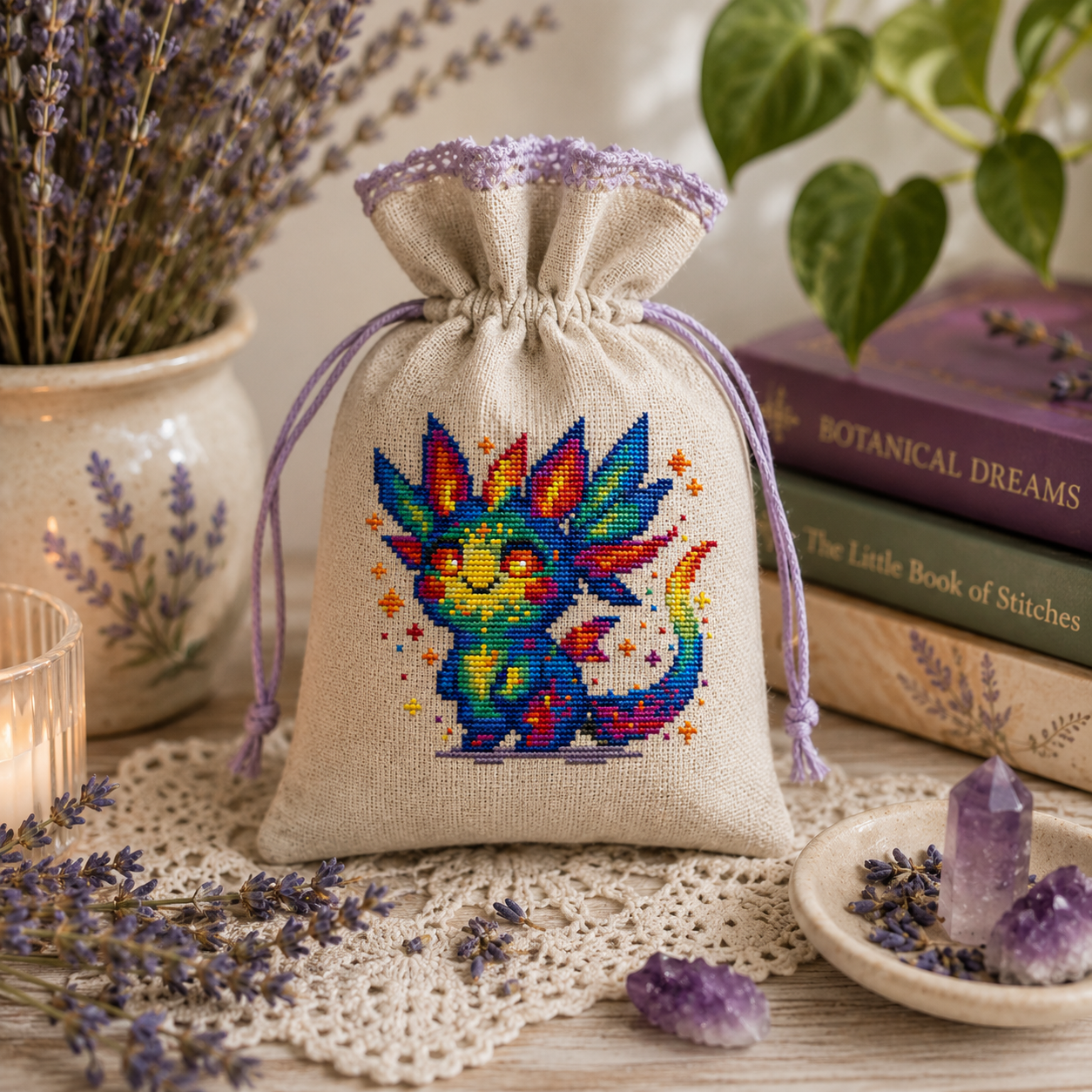 Rainbow dragon cross stitch embroidered on a linen lavender sachet bag featuring Flicker the Fearless Beast, colorful fantasy embroidery gift and cottagecore decor idea