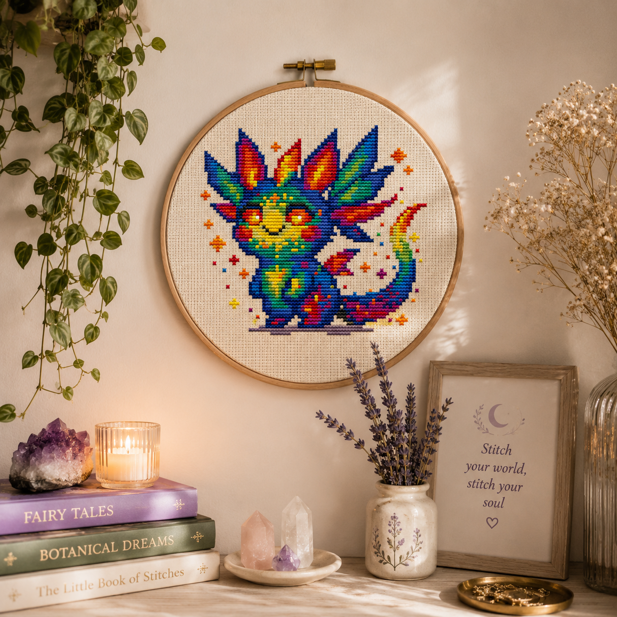 Finished Flicker the Fearless Beast rainbow dragon cross stitch displayed in a wooden embroidery hoop, colorful fantasy wall art for nursery, craft room and magical home decor