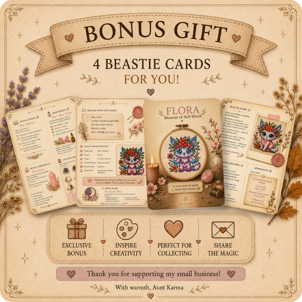 Flora Beastie story card bonus for cross stitch pattern bundle, printable fantasy collector card with affirmations, flower magic, self-growth symbolism, and cottagecore fantasy aesthetic.