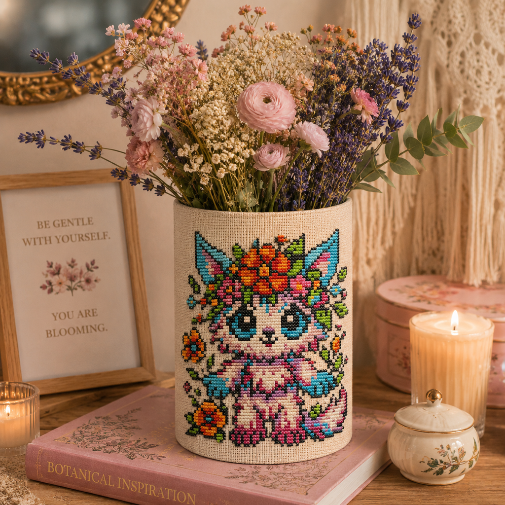 Flora Beastie cross stitch pattern stitched on a decorative flower vase, whimsical floral fantasy embroidery and botanical cottagecore home decor.