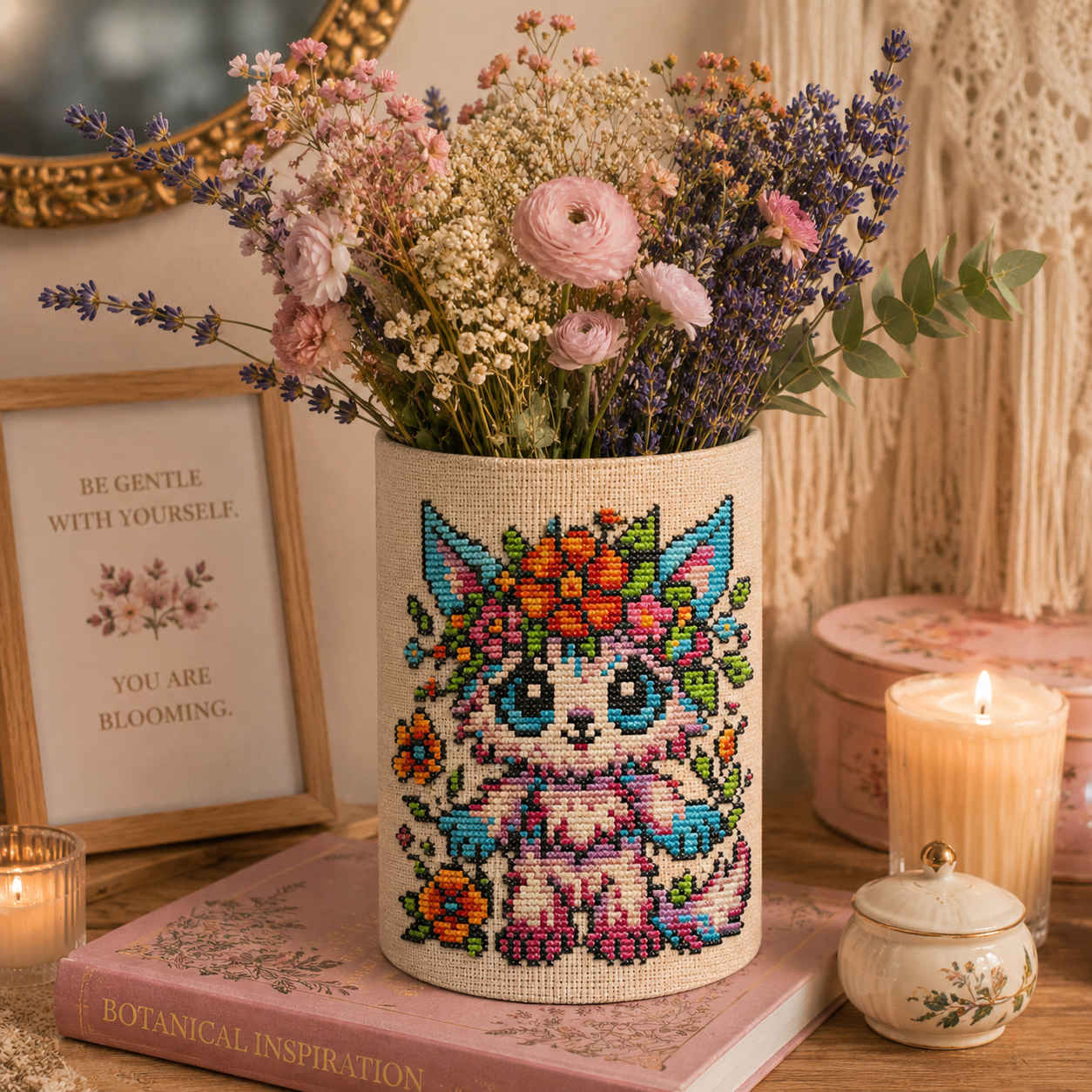 Flora Beastie cross stitch pattern stitched on a decorative flower vase, whimsical floral fantasy embroidery and botanical cottagecore home decor.