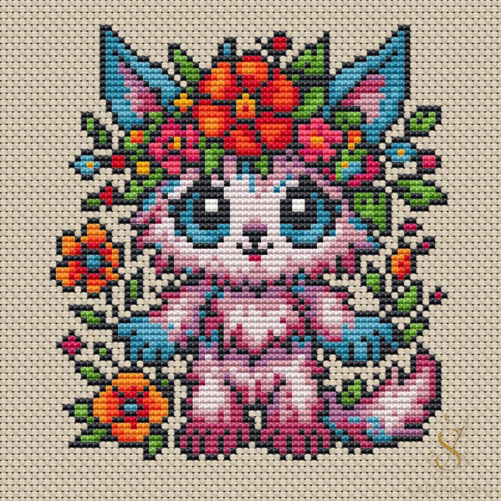 Flora Beastie cross stitch pattern featuring a whimsical pink fantasy creature with colorful flowers and cottagecore embroidery design.