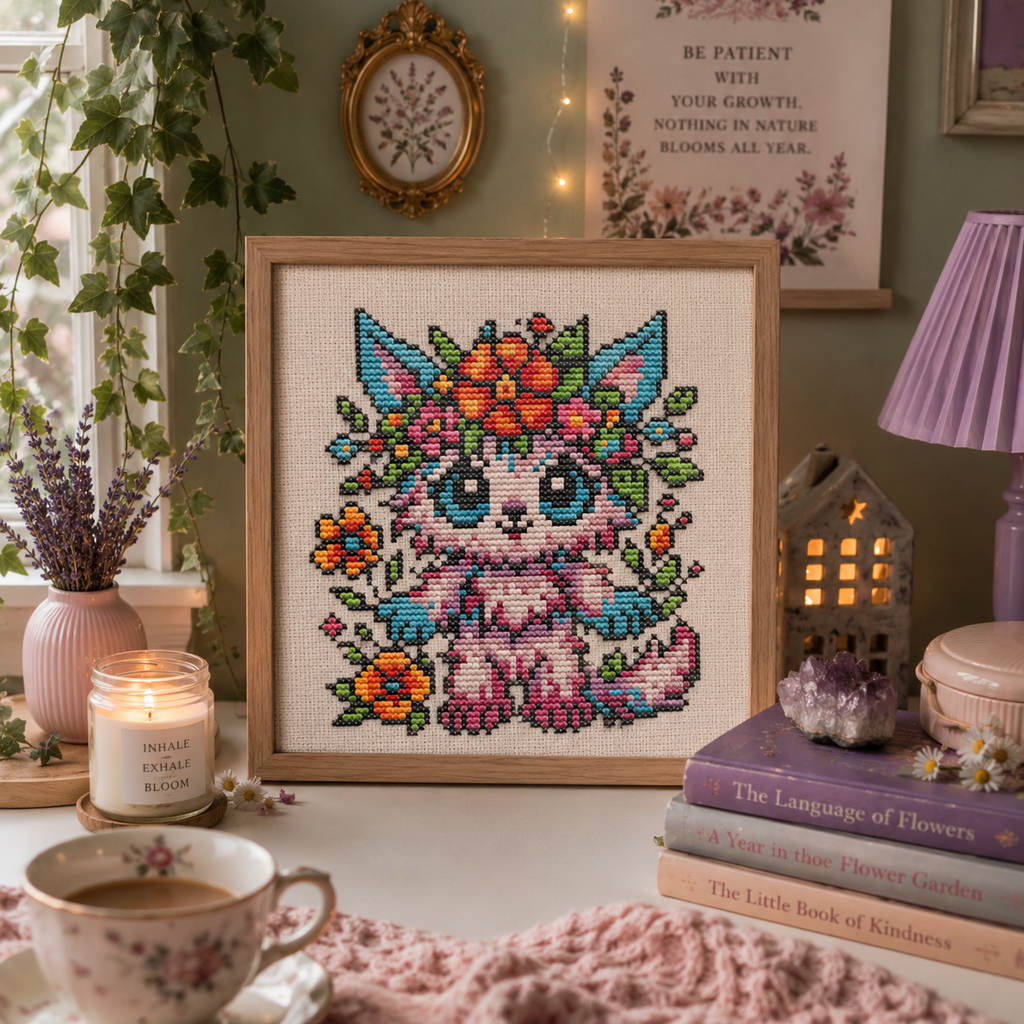 Flora Beastie cross stitch pattern displayed as framed wall art, whimsical floral fantasy creature embroidery for cottagecore home decor.