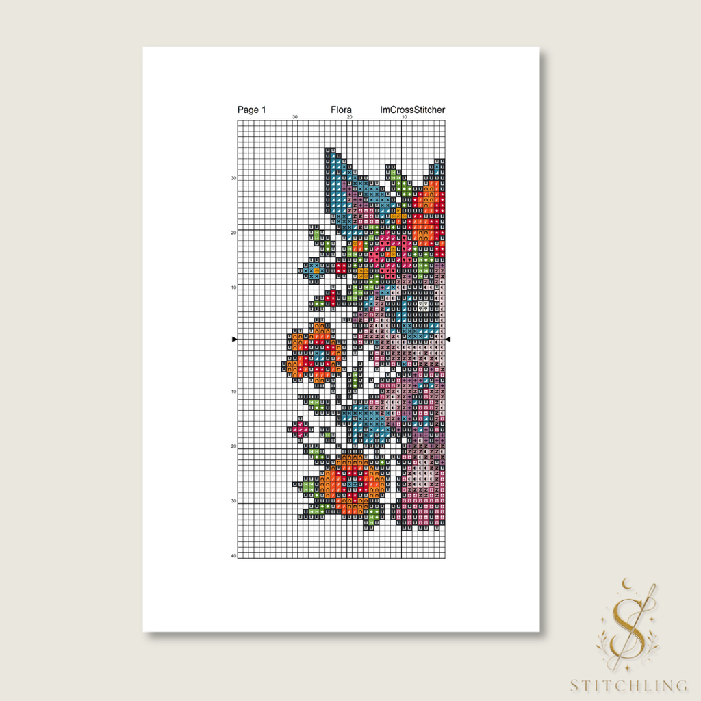 Pattern Keeper compatible chart for Flora the Blossoming Beast cross stitch pattern with easy-to-follow counted embroidery symbols and color blocks