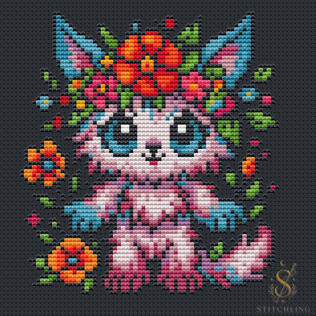Flora the Blossoming Beast floral cat cross stitch design preview on dark fabric background featuring colorful flowers, botanical details and fantasy embroidery artwork