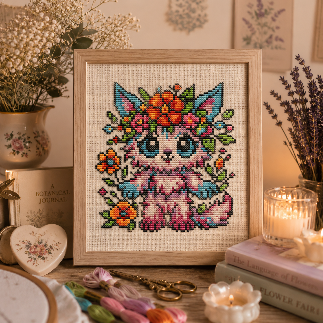 Framed Flora the Blossoming Beast floral cat cross stitch displayed as colorful botanical wall art with flowers, fantasy embroidery decor and cottagecore styling