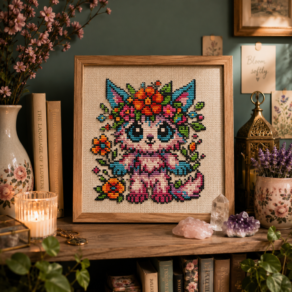 Flora the Blossoming Beast floral cat cross stitch displayed in a cozy cottagecore interior with flowers, candles and botanical fantasy embroidery decor