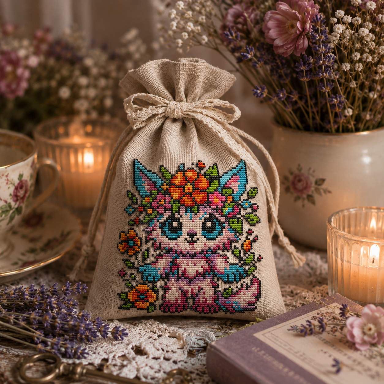 Flora the Blossoming Beast floral cat cross stitch embroidered on a linen lavender sachet bag, botanical embroidery gift and cottagecore home decor idea