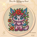 Flora the Blossoming Beast cross stitch pattern featuring a cute floral fantasy cat with flowers, colorful botanical embroidery design, PDF counted cross stitch chart for modern stitchers