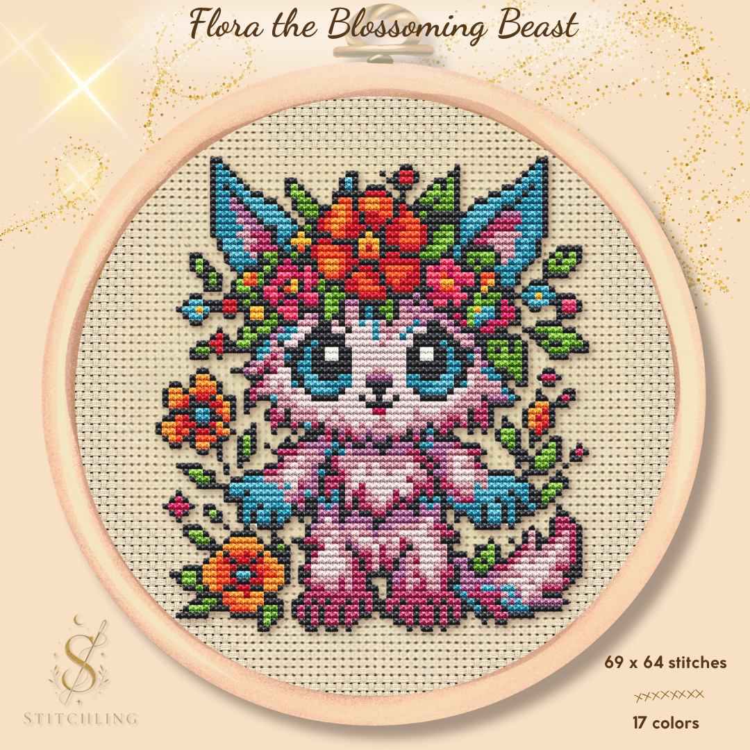 Flora the Blossoming Beast cross stitch pattern featuring a cute floral fantasy cat with flowers, colorful botanical embroidery design, PDF counted cross stitch chart for modern stitchers