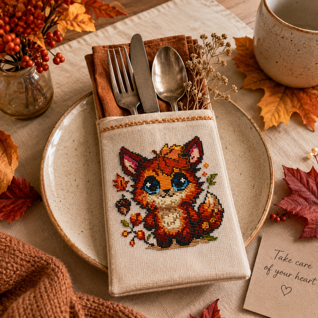 Fluffy Beastie cross stitch pattern stitched on a fabric cutlery pouch, cute fox embroidery design and cozy woodland gift idea.