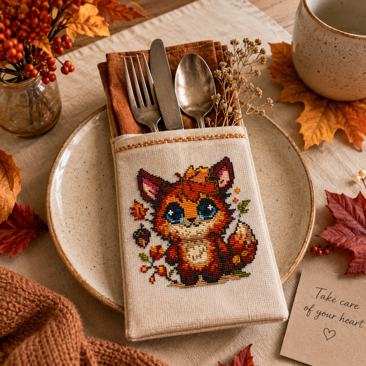 Fluffy Beastie cross stitch pattern stitched on a fabric cutlery pouch, cute fox embroidery design and cozy woodland gift idea.