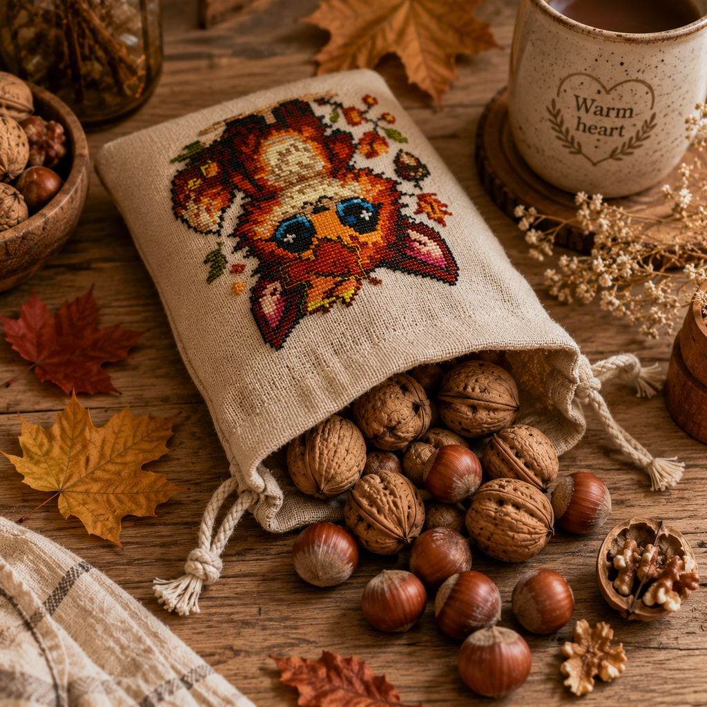 Fluffy Beastie cross stitch pattern stitched on a fabric cutlery pouch, cute fox embroidery design and cozy woodland gift idea.
