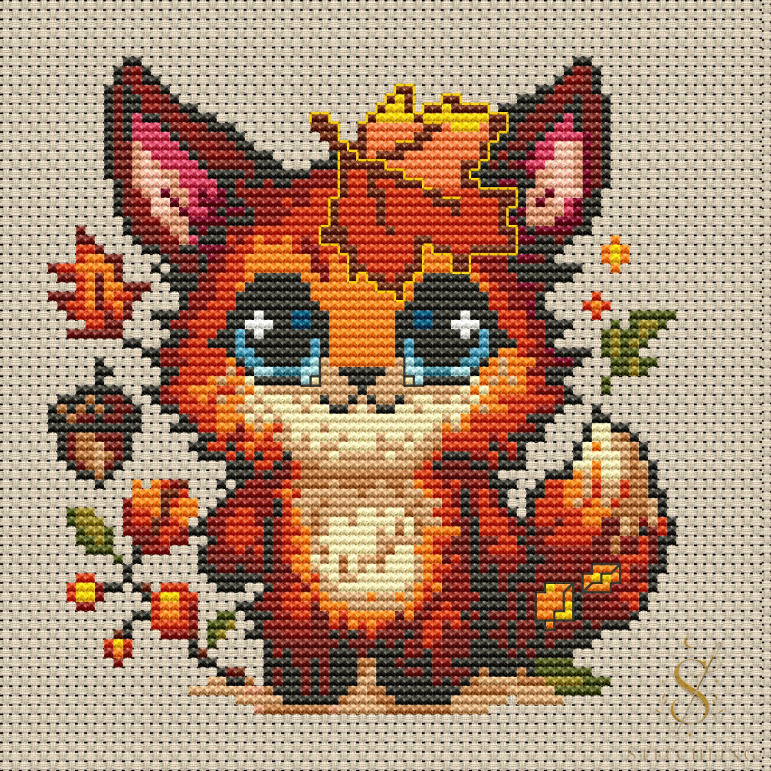 Fluffy Beastie cross stitch pattern featuring a cute fox fantasy creature with autumn leaves, cozy woodland charm and magical embroidery design.