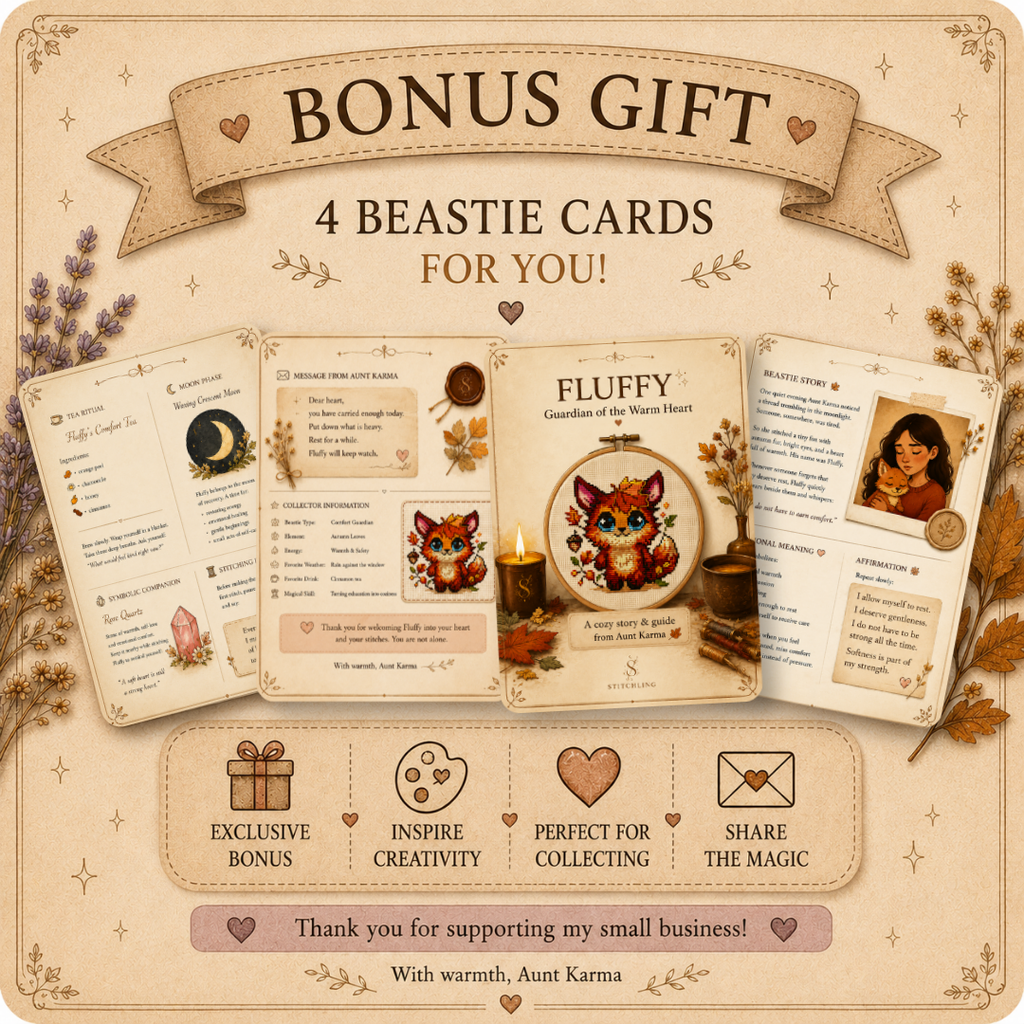 Bonus printable Fluffy Beastie story cards featuring character story, emotional comfort, affirmations, tea ritual and magical companion guide.