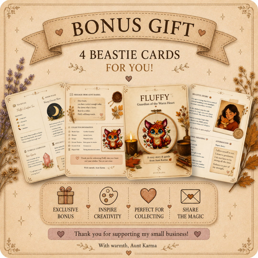 Bonus printable Fluffy Beastie story cards featuring character story, emotional comfort, affirmations, tea ritual and magical companion guide.