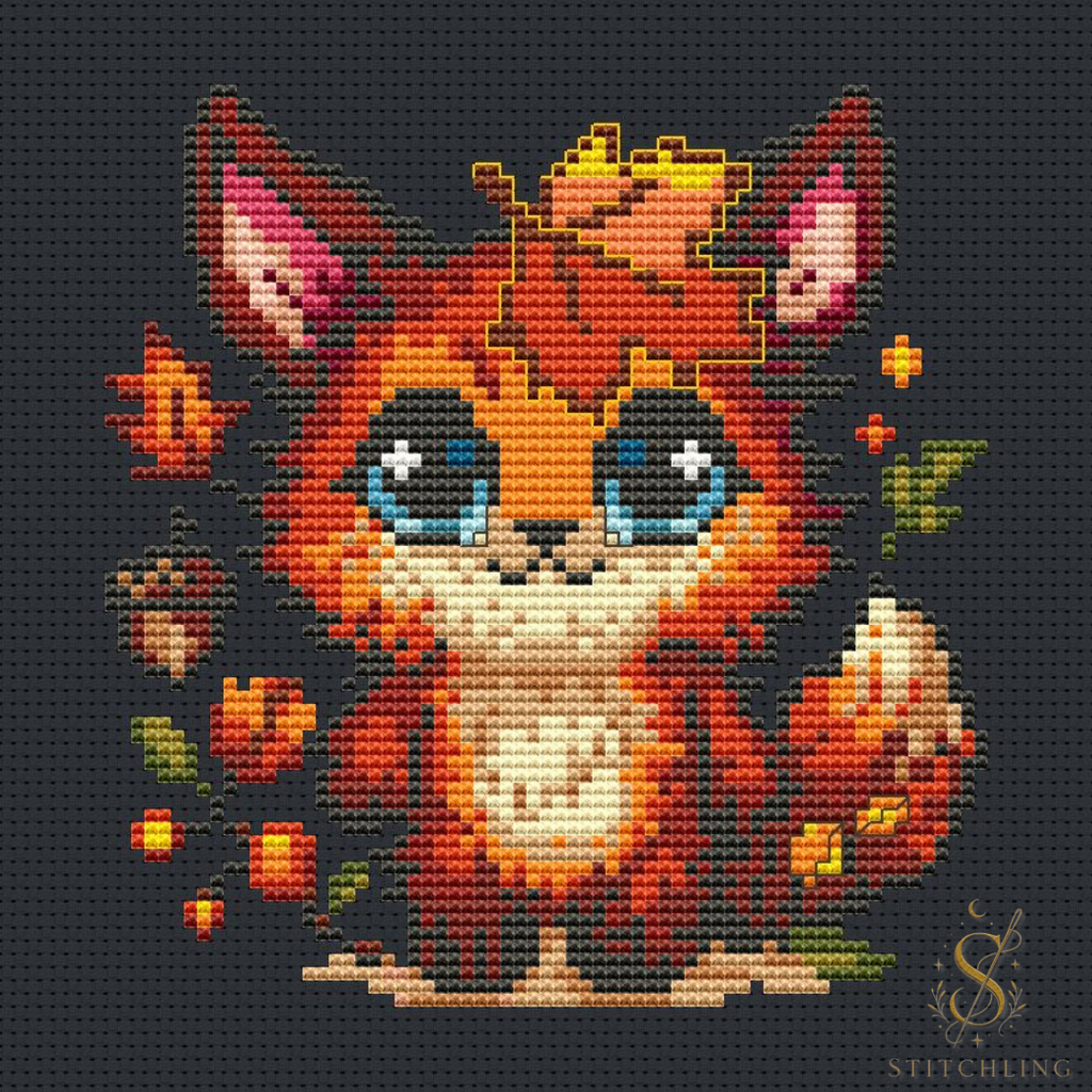 Fluffy the Comforting Beast fox cross stitch design preview on dark fabric background featuring a cute autumn fox, fall leaves and cozy woodland embroidery artwork