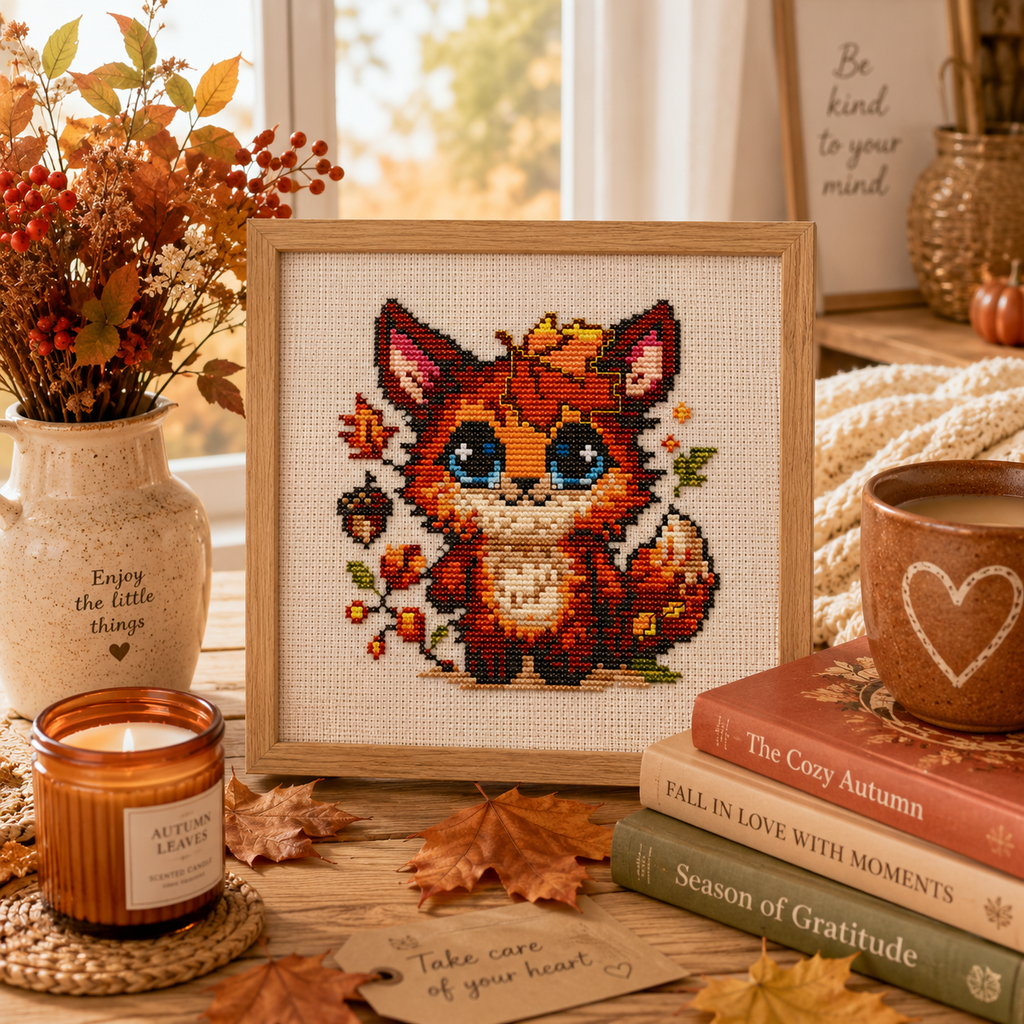 Framed Fluffy the Comforting Beast fox cross stitch displayed in a cozy autumn cottagecore interior with fall decor, woodland embroidery art and seasonal home decoration