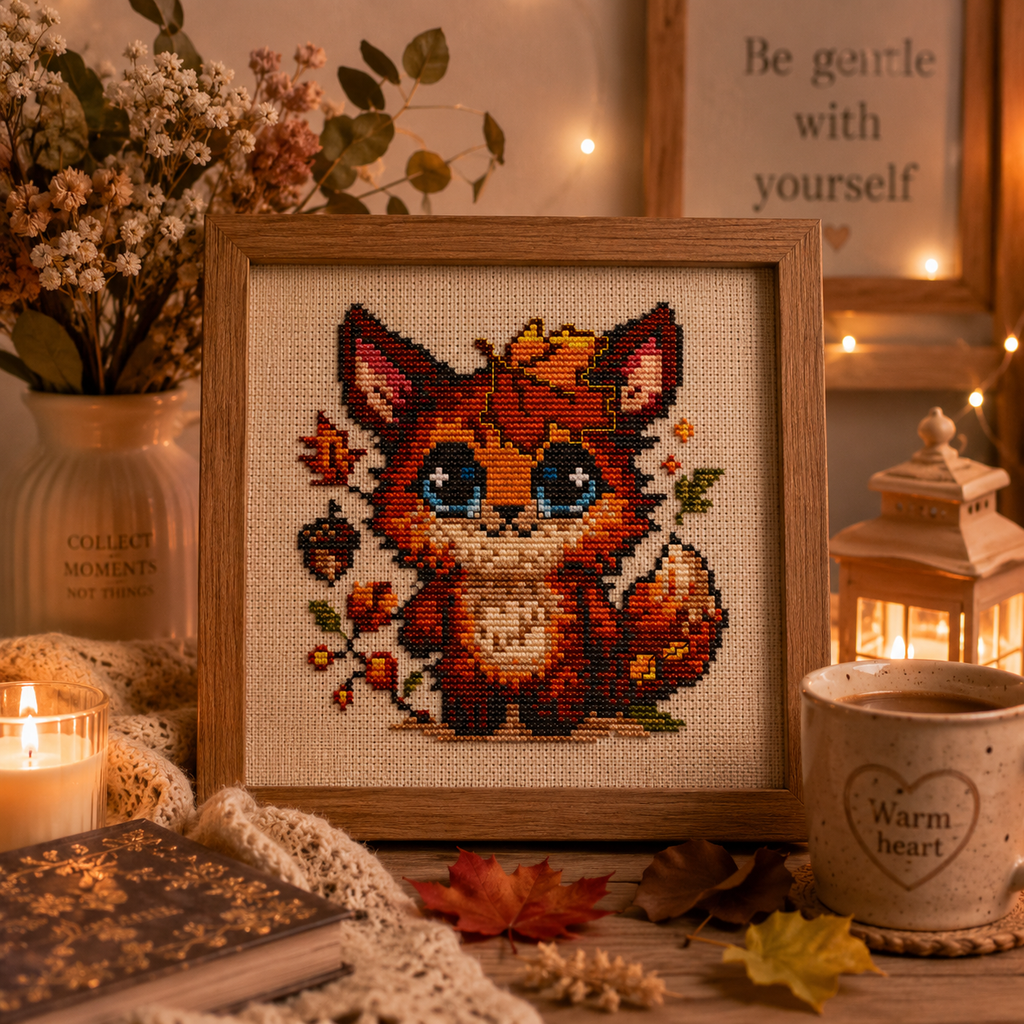 Fluffy the Comforting Beast fox cross stitch framed artwork displayed in a warm autumn interior with candles, fall leaves and cozy woodland cottagecore styling