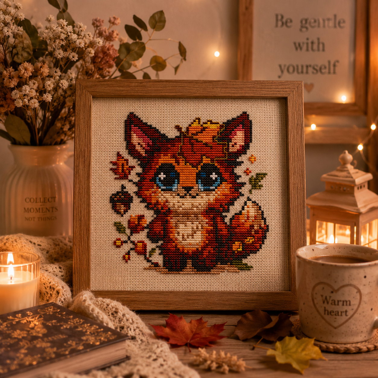 Fluffy the Comforting Beast fox cross stitch framed artwork displayed in a warm autumn interior with candles, fall leaves and cozy woodland cottagecore styling