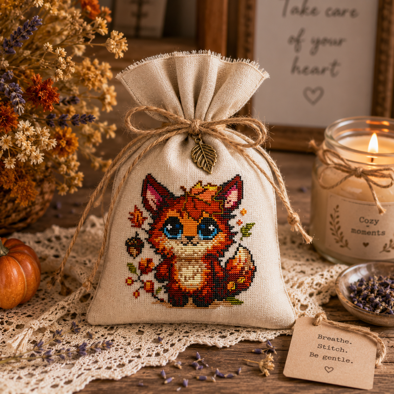 Fluffy the Comforting Beast fox cross stitch embroidered on a linen lavender sachet bag, autumn woodland embroidery gift and cozy cottagecore home decor idea