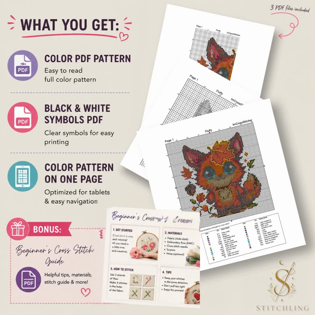 Fluffy the Comforting Beast cross stitch pattern bundle including PDF chart, Pattern Keeper file, color guide, stitching instructions and bonus embroidery extras