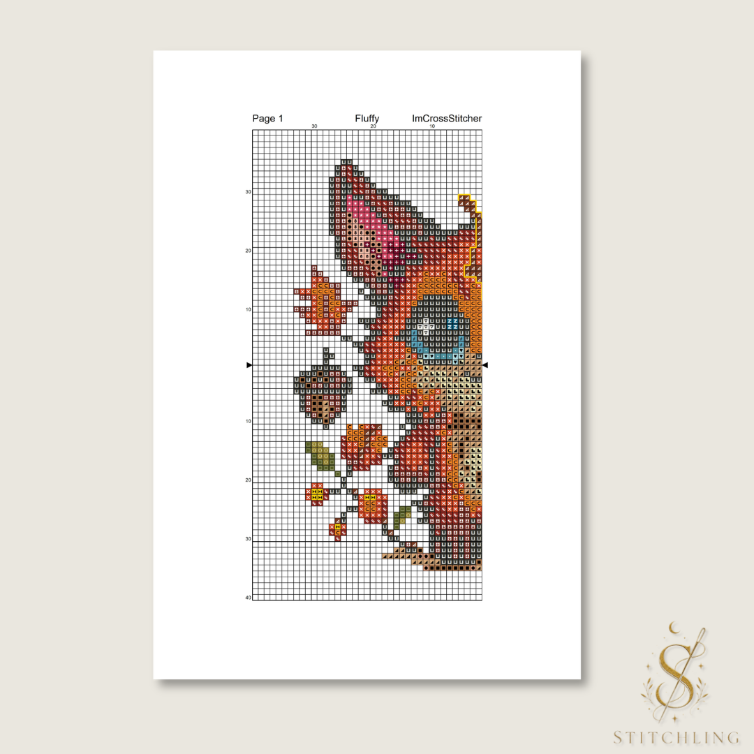 Pattern Keeper compatible chart for Fluffy the Comforting Beast fox cross stitch pattern with easy-to-follow counted embroidery symbols and color blocks
