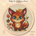 Fluffy the Comforting Beast cross stitch pattern featuring a cute autumn fox with blue eyes, fall leaves and cozy woodland details, PDF counted cross stitch chart for modern embroidery lovers