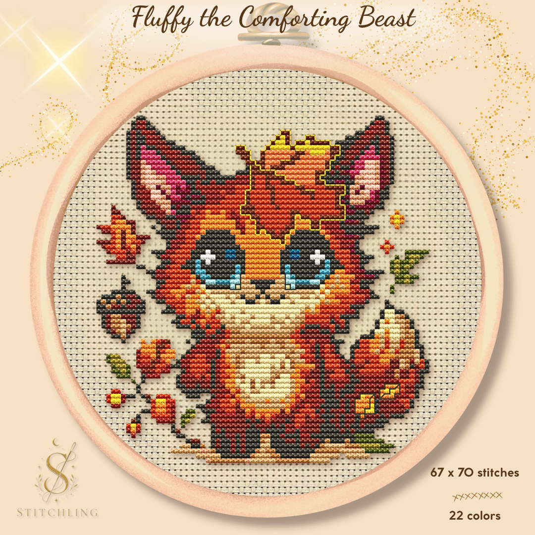 Fluffy the Comforting Beast cross stitch pattern featuring a cute autumn fox with blue eyes, fall leaves and cozy woodland details, PDF counted cross stitch chart for modern embroidery lovers