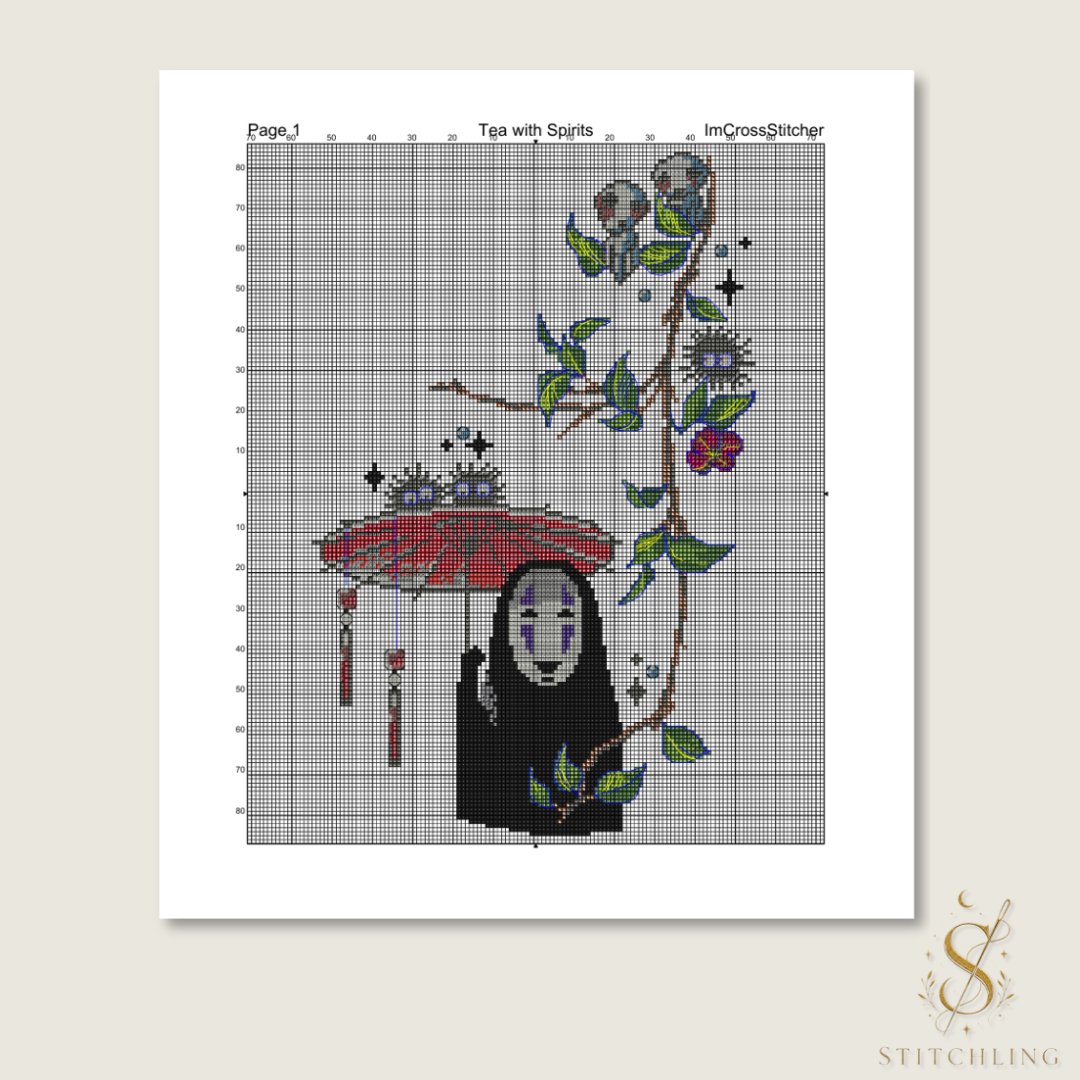 Sample color cross stitch chart with symbols on a numbered grid, showing forest creatures, green leaves, and a leafy umbrella.